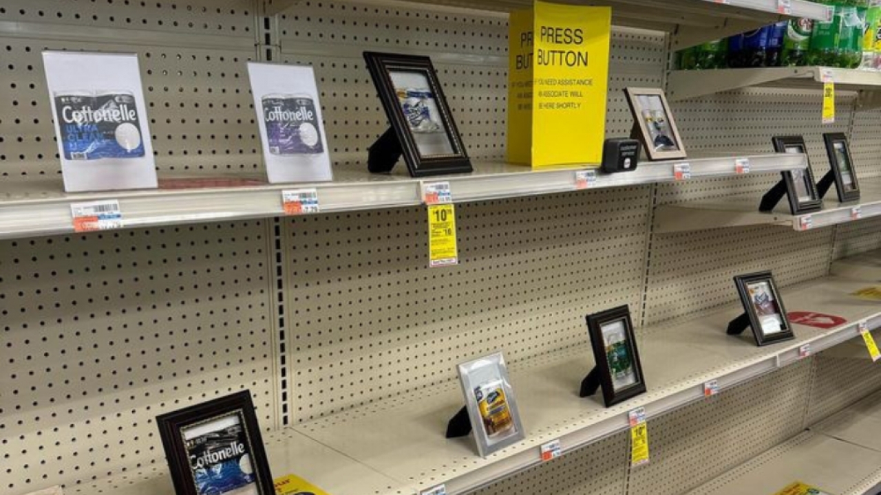 Toilet paper replaced with pictures of toilet paper on CVS store shelves in Washington D.C.