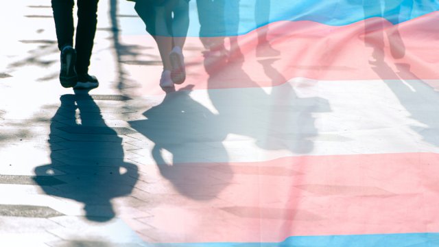 A flag honoring the transgender community with people walking in the background.