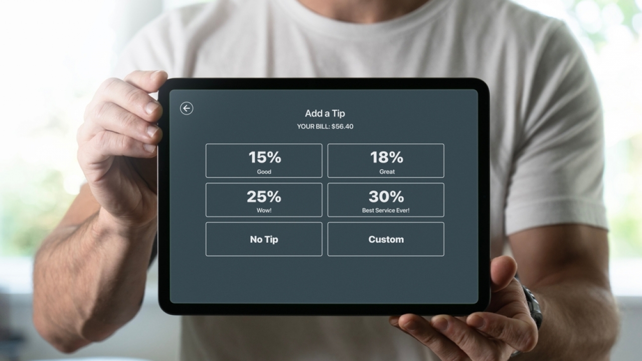 Person holds iPad with tip options.