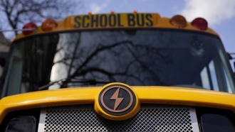 A Lion electric school bus is seen on display in Austin, Texas.